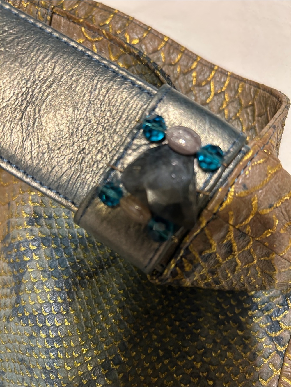 Snake-Embossed Hobo Bag in Olive and Gold - Picture 7 of 11
